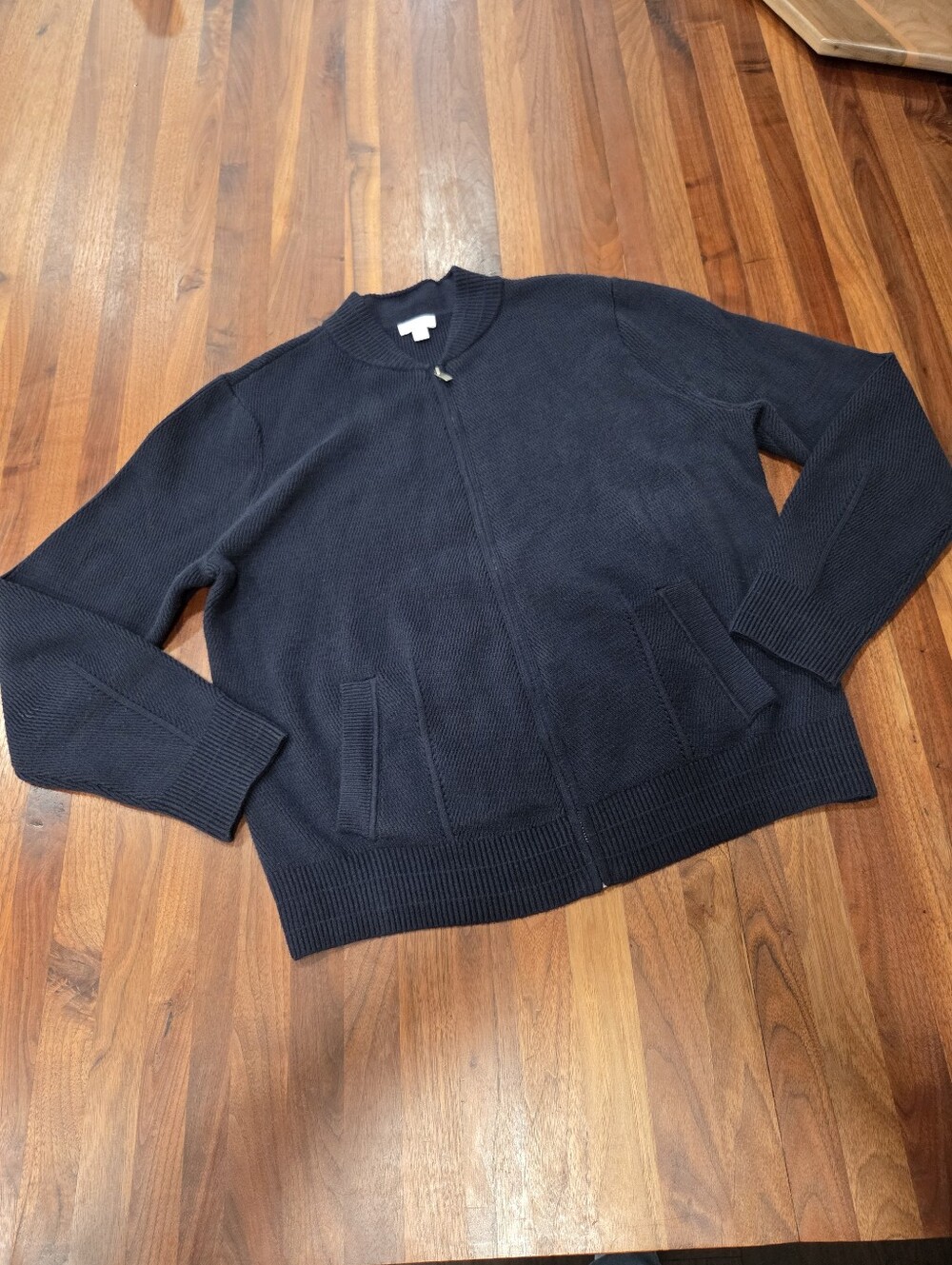 J. Jill Navy Zip-Up Bomber Style Knit Cardigan Pockets Ribbed Trim Size Large